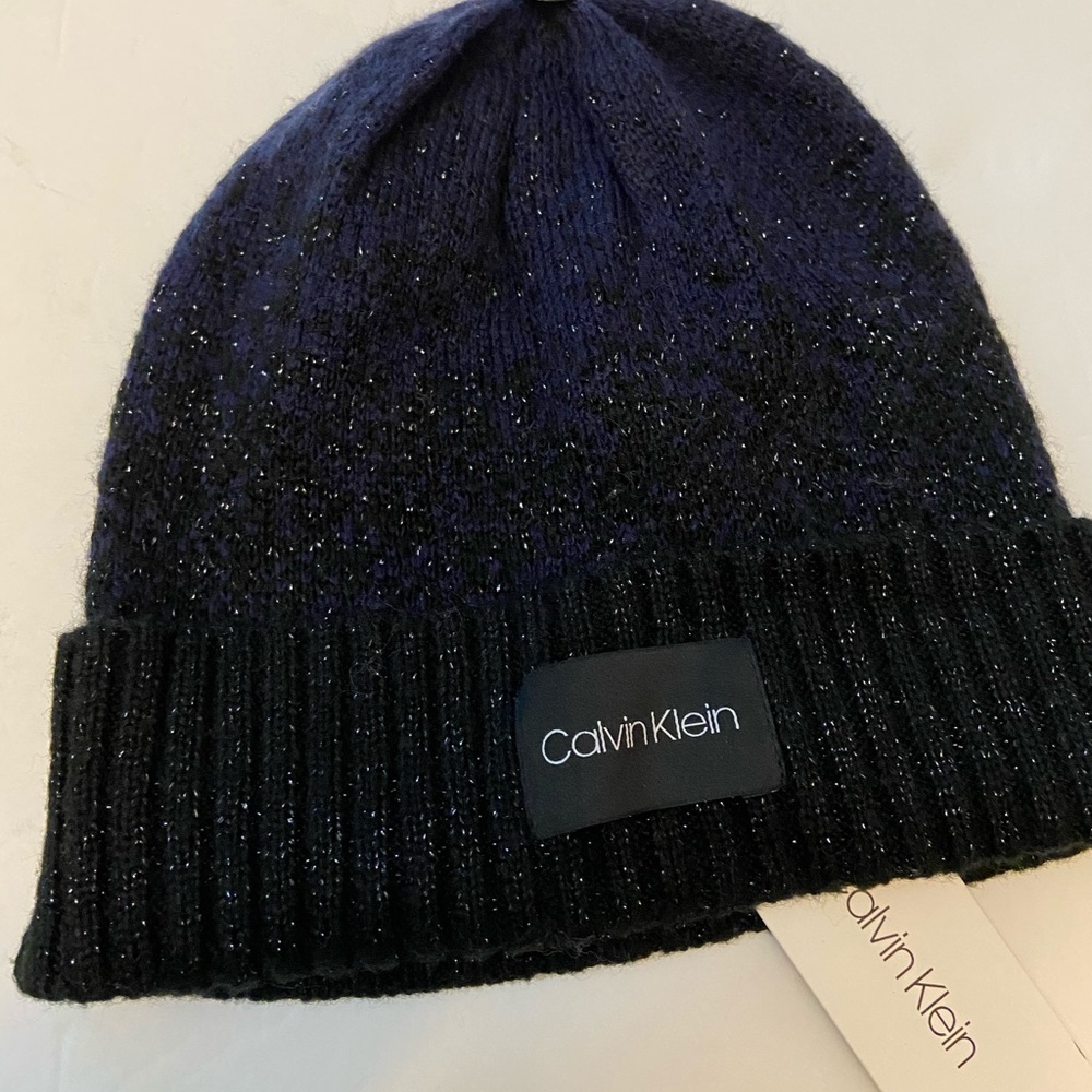 NWT Calvin Klein Blue Black Beanie Knit Hat